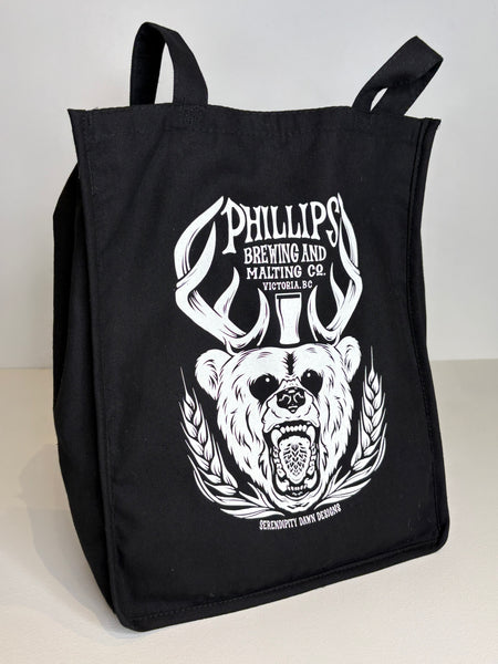 Black tote bag with bear graphic and 'Phillips Brewing and Malting Co.' text on a white background